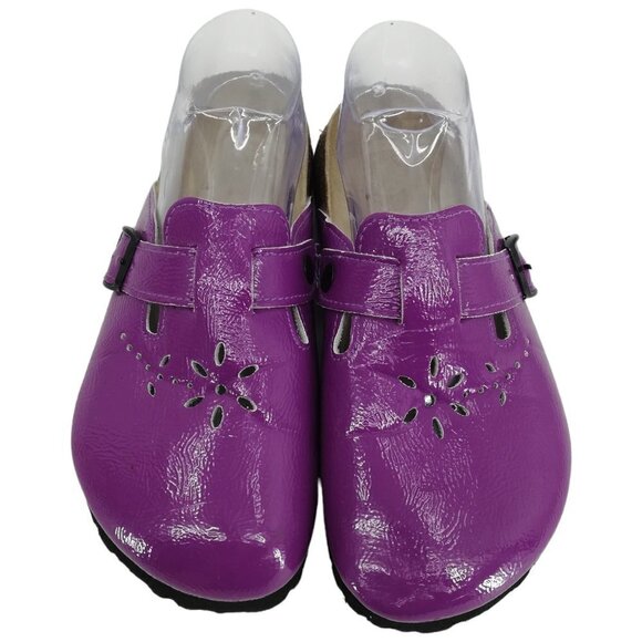 Betula Birkenstock Purple Slip On Leather Clogs Size 38 US 7 Flower Perforated - Picture 2 of 13